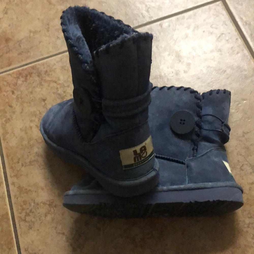 Lamo Navy Blue Suede Button Whipstitched Faux Fur Ankle Boots